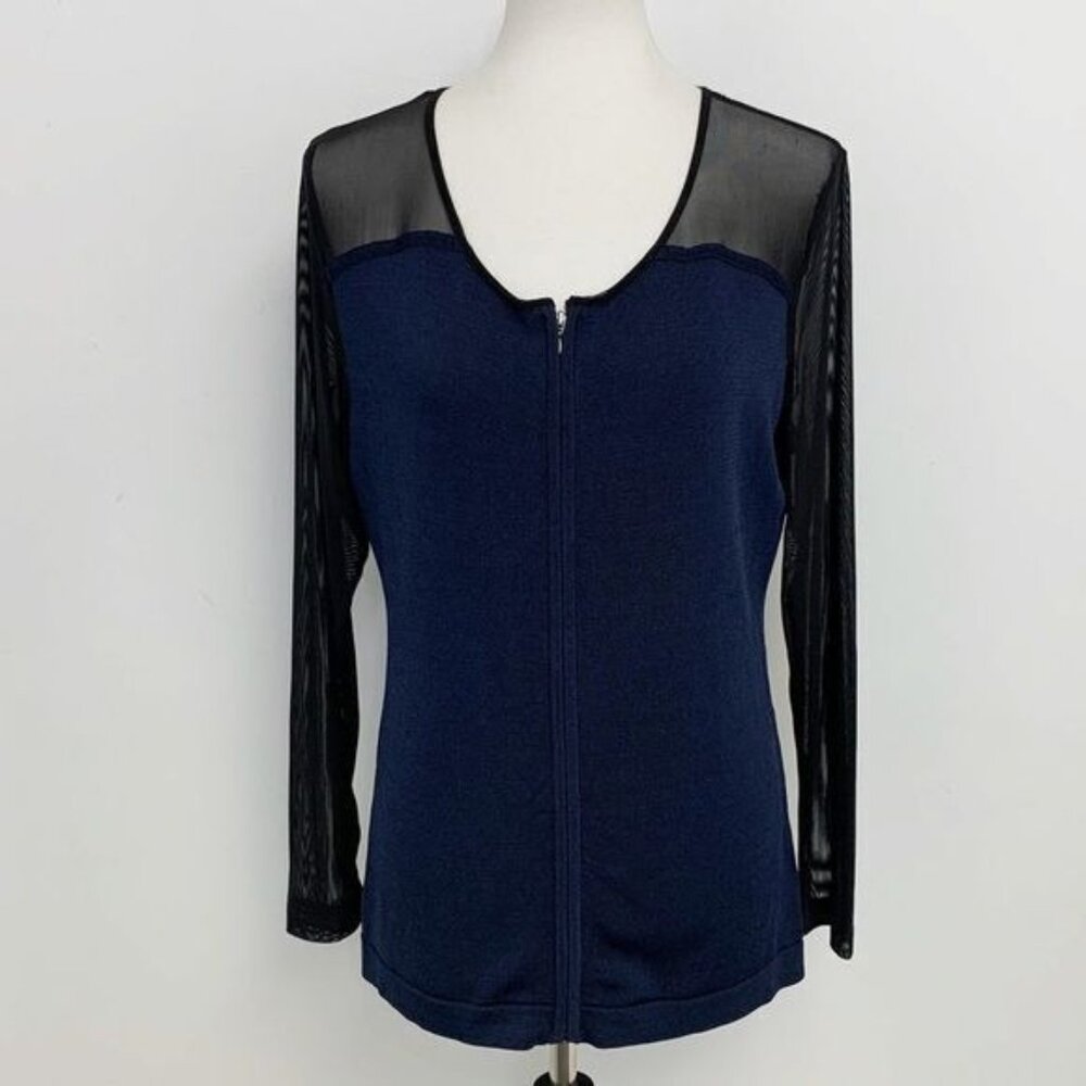 Cache Navy and Black Zip-Front Sheer-Sleeve Cardigan
